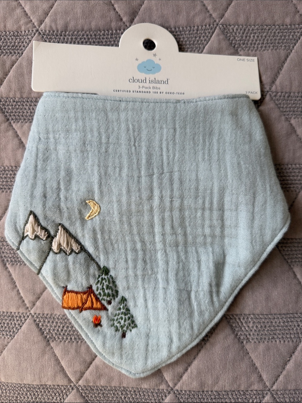 Hand-Embroidered Cloud Island Light Blue Bandana Bib with Mountain/Camp Scene